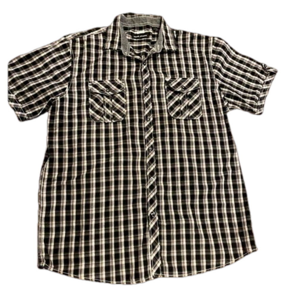 Michael Brandon Men's Plaid Button Up Shirt Short Sleeve Black White XL